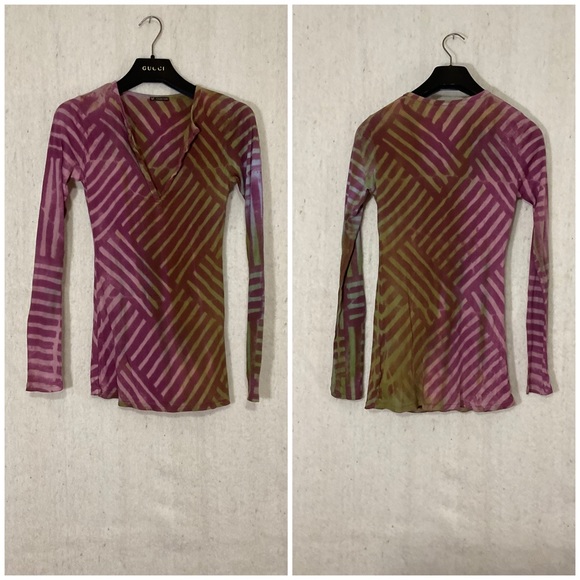 Y2K Geo Striped Tie Dye Henley Layering Top - Picture 5 of 14